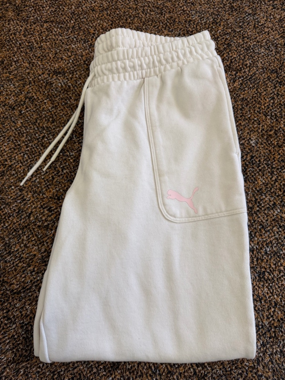 Puma Cream Track Joggers with Pink Logo Accent